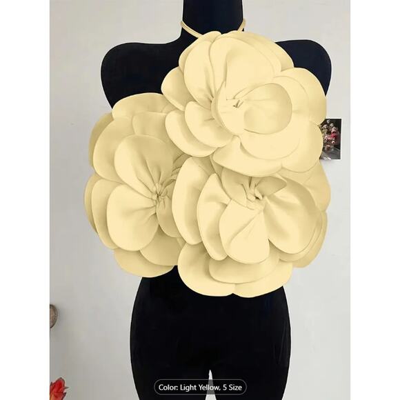 Light Yellow Oversized 3D Flower Halter Crop Top – Statement Party & Festival - Picture 3 of 5